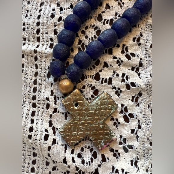 Handmade Ghana African Recycled Sea Glass Beads Necklace Cross Navy Blue - Picture 3 of 6